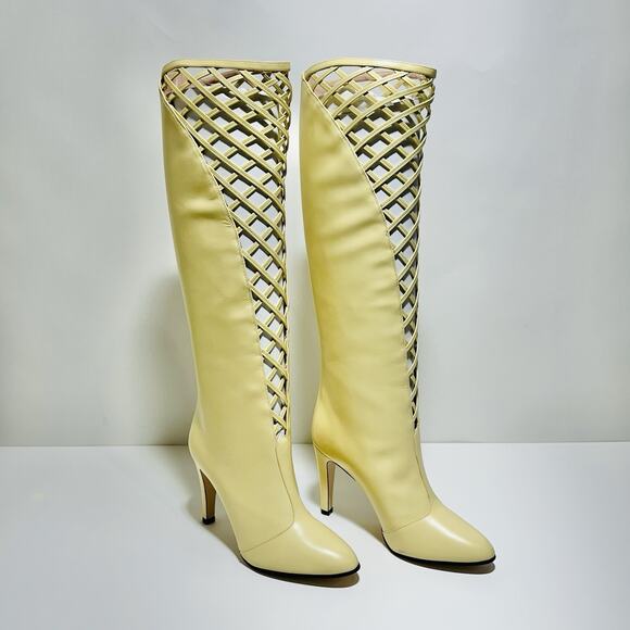 NIB Gucci Lattice Knee-High Boots EU 38.5 US 8.5 Butter Ivory Cutout Leather - Picture 7 of 15
